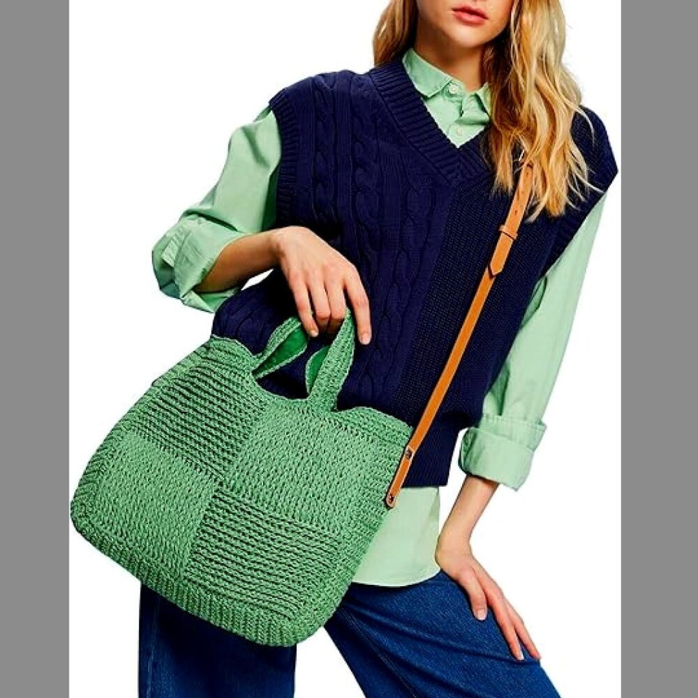 ESPRIT Green Straw Tote Bag NWT